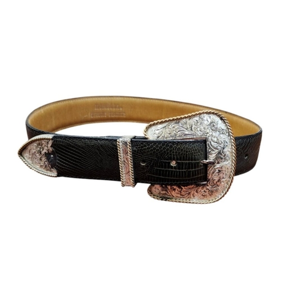 AL BERES Vintage Montana Silversmith Leather Belt-Handmade-Silver and Gold Sz 28 - Picture 4 of 16